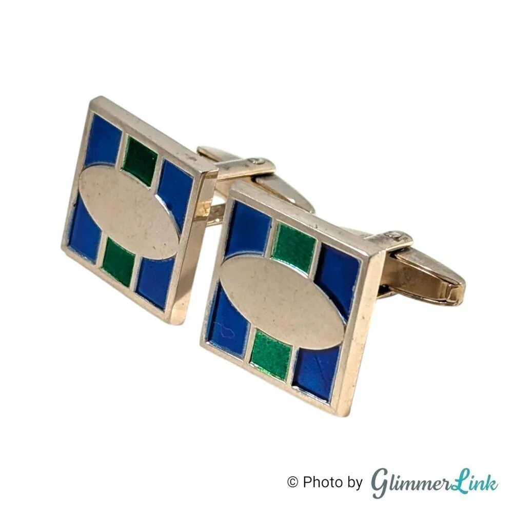 Vintage Foster Blue & Green Square Geometric Art Deco Style Gold Tone Cufflinks